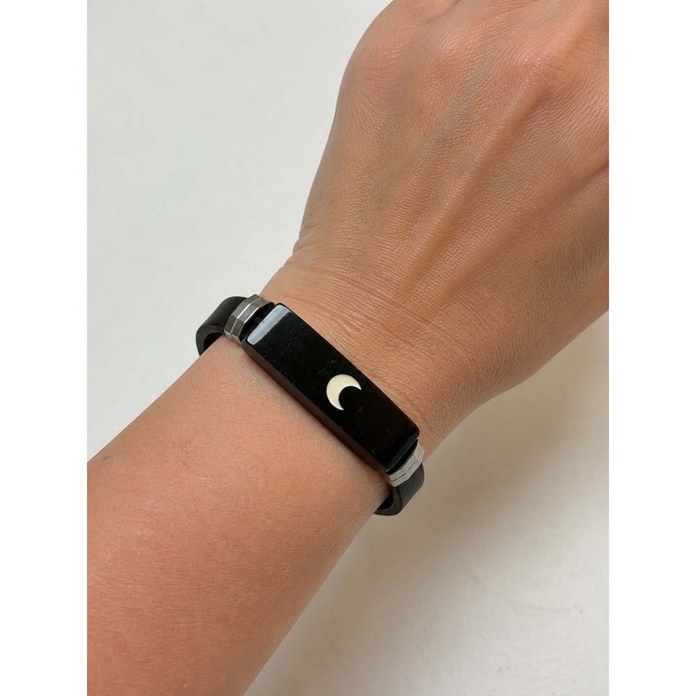 Black Bracelet White Crescent Moon Inlay Stainless Steel Accent Adjustable L-299